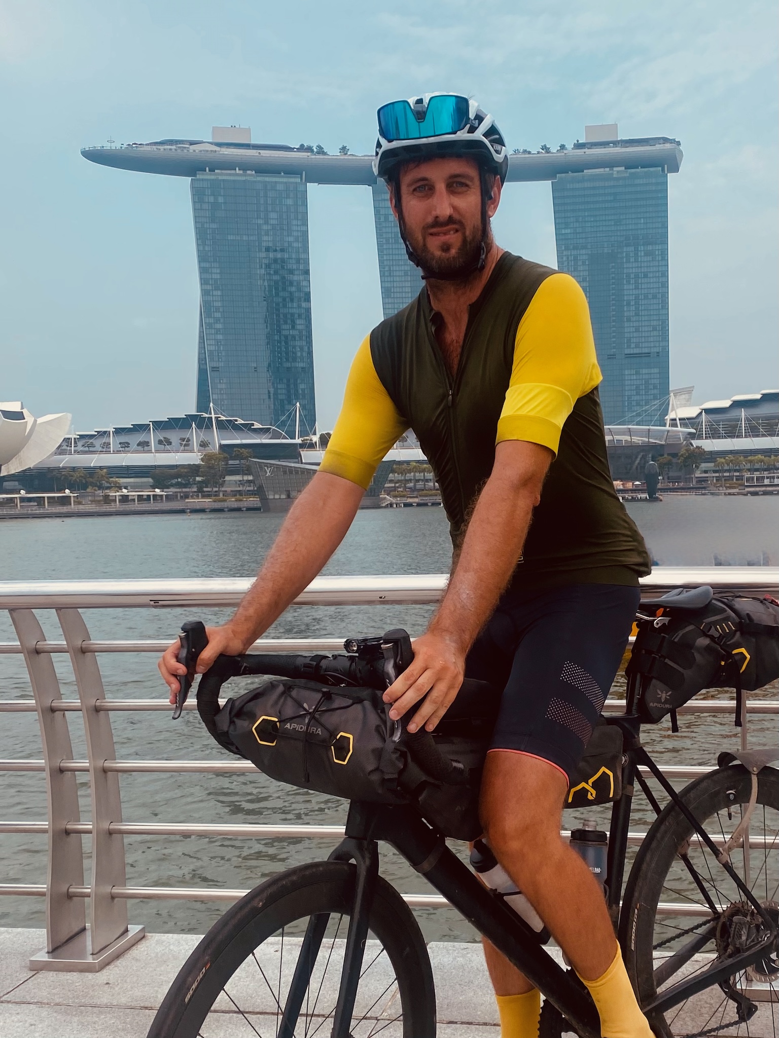 The finish, the loaded bike in front of Marina Bay Sands
