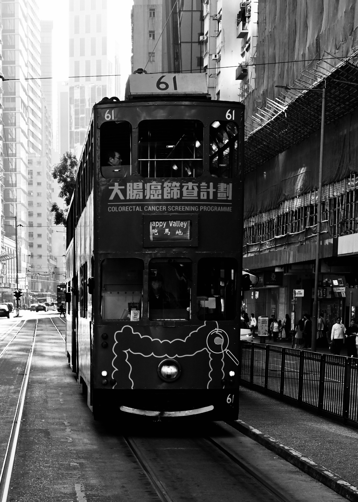 Tram 61 to Happy Valley, black and white