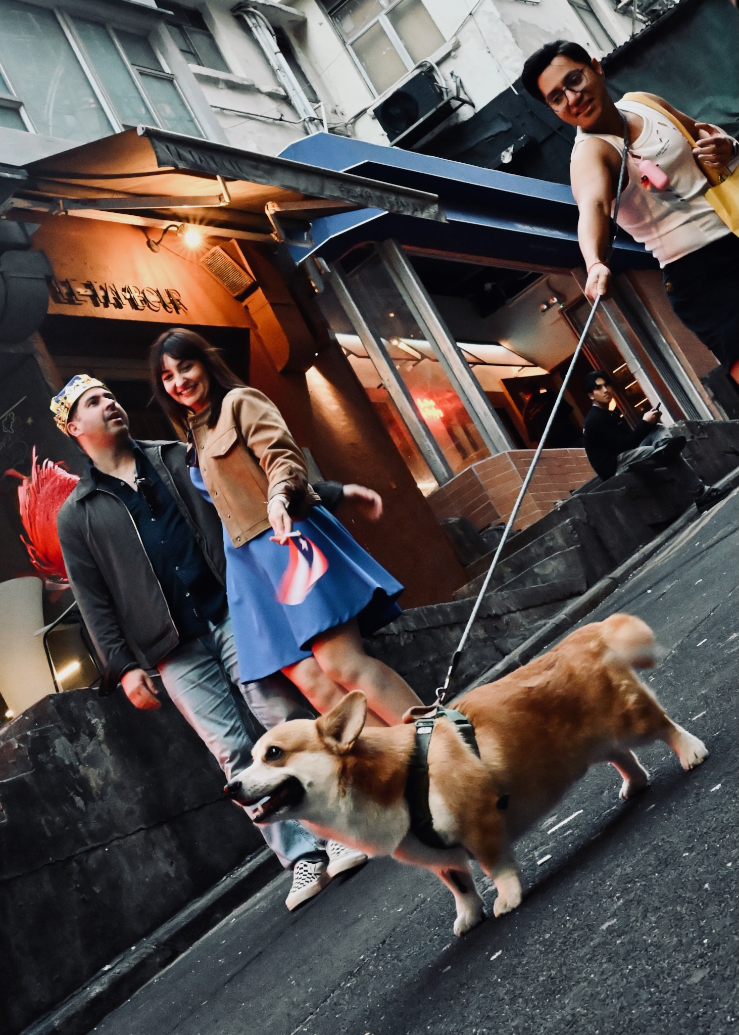 A corgi and a couple on a tilted lane outside a bar