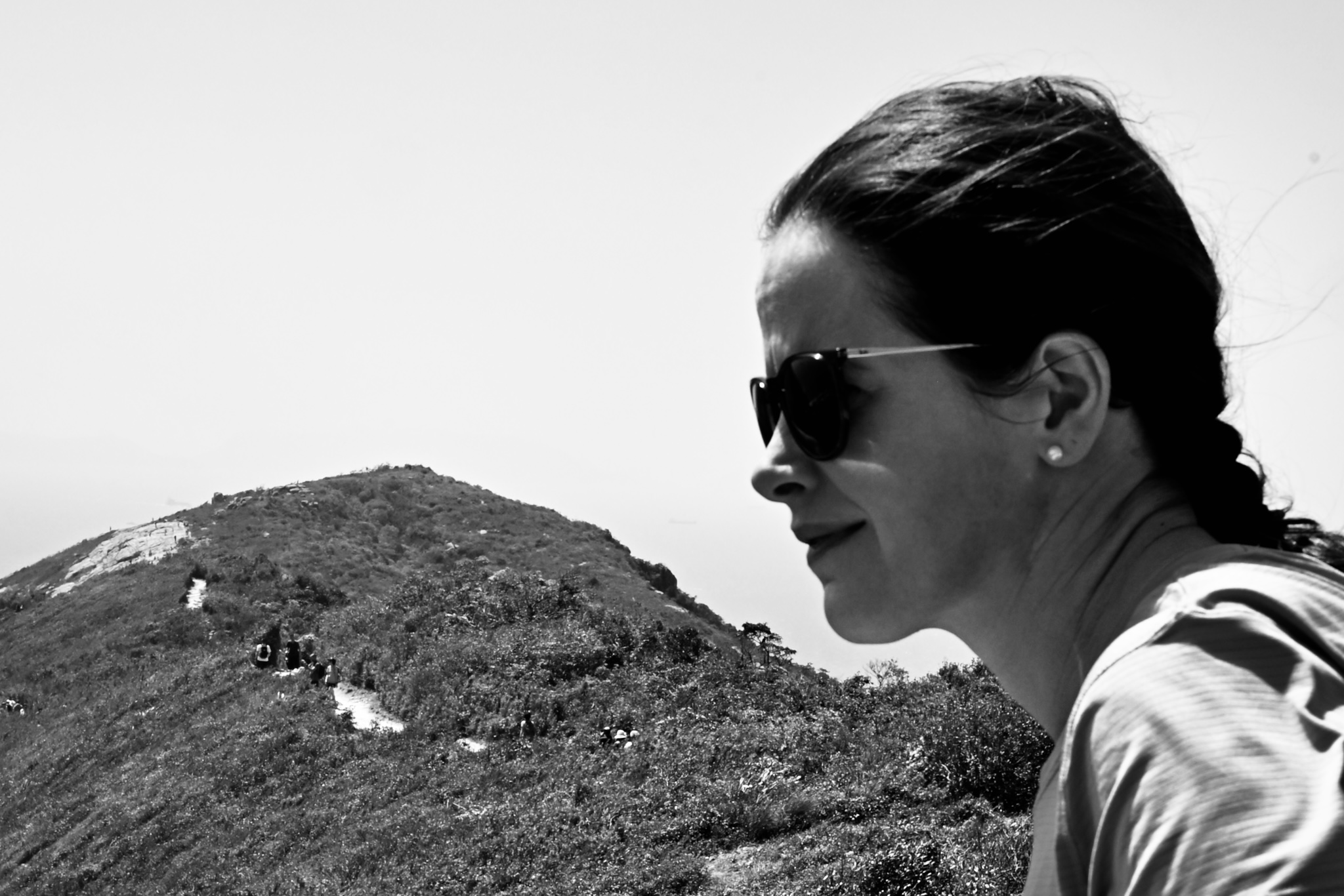 Caroline at a hilltop, black and white