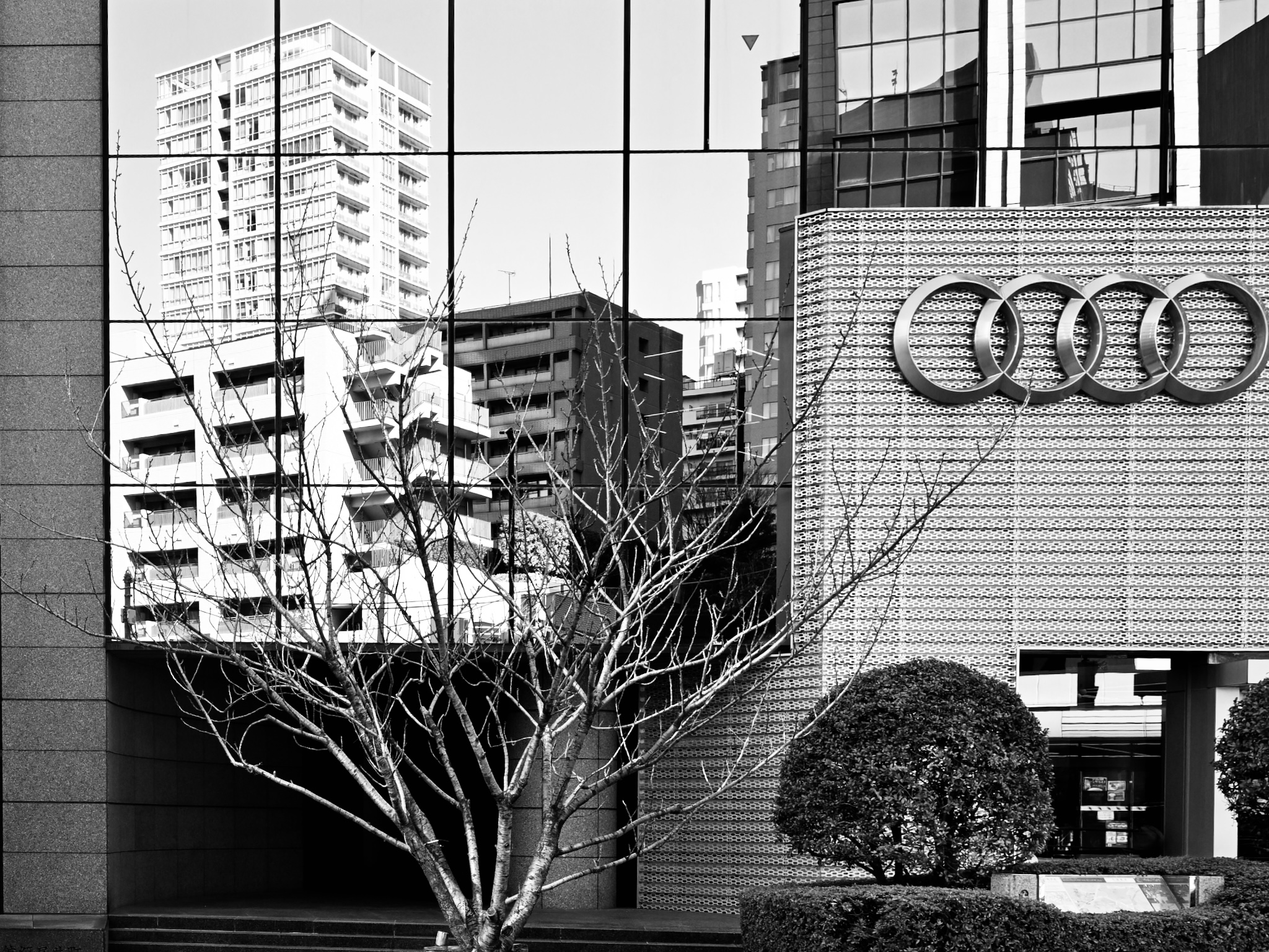 A glass facade reflecting the city beside the Audi rings, black and white