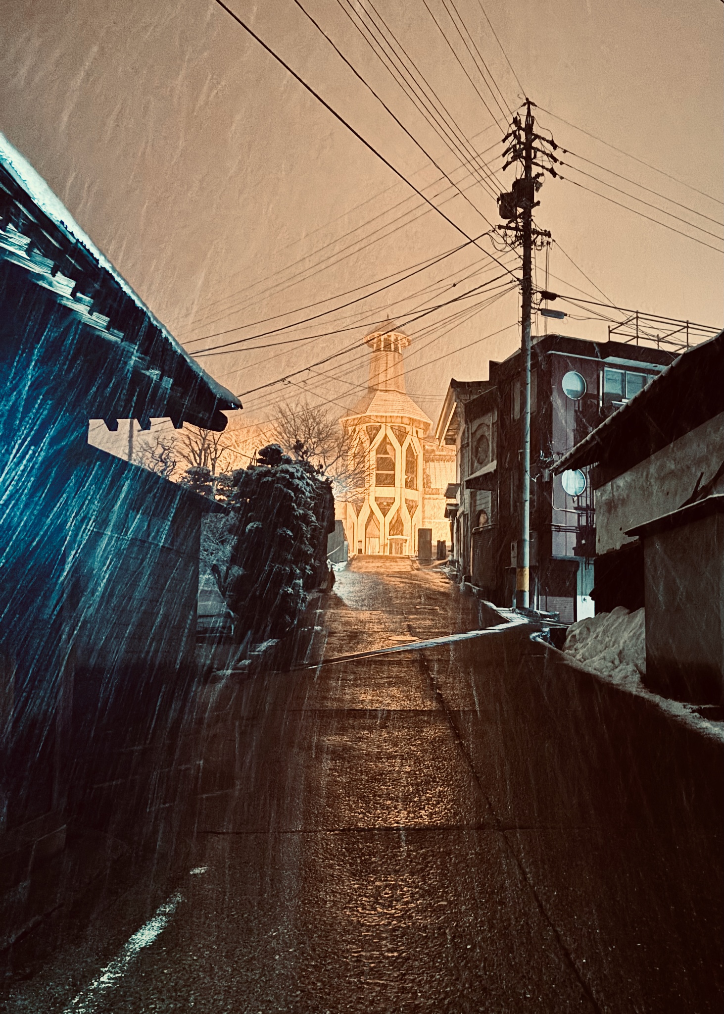 A snowy night street, a glowing tower at the end, snow falling
