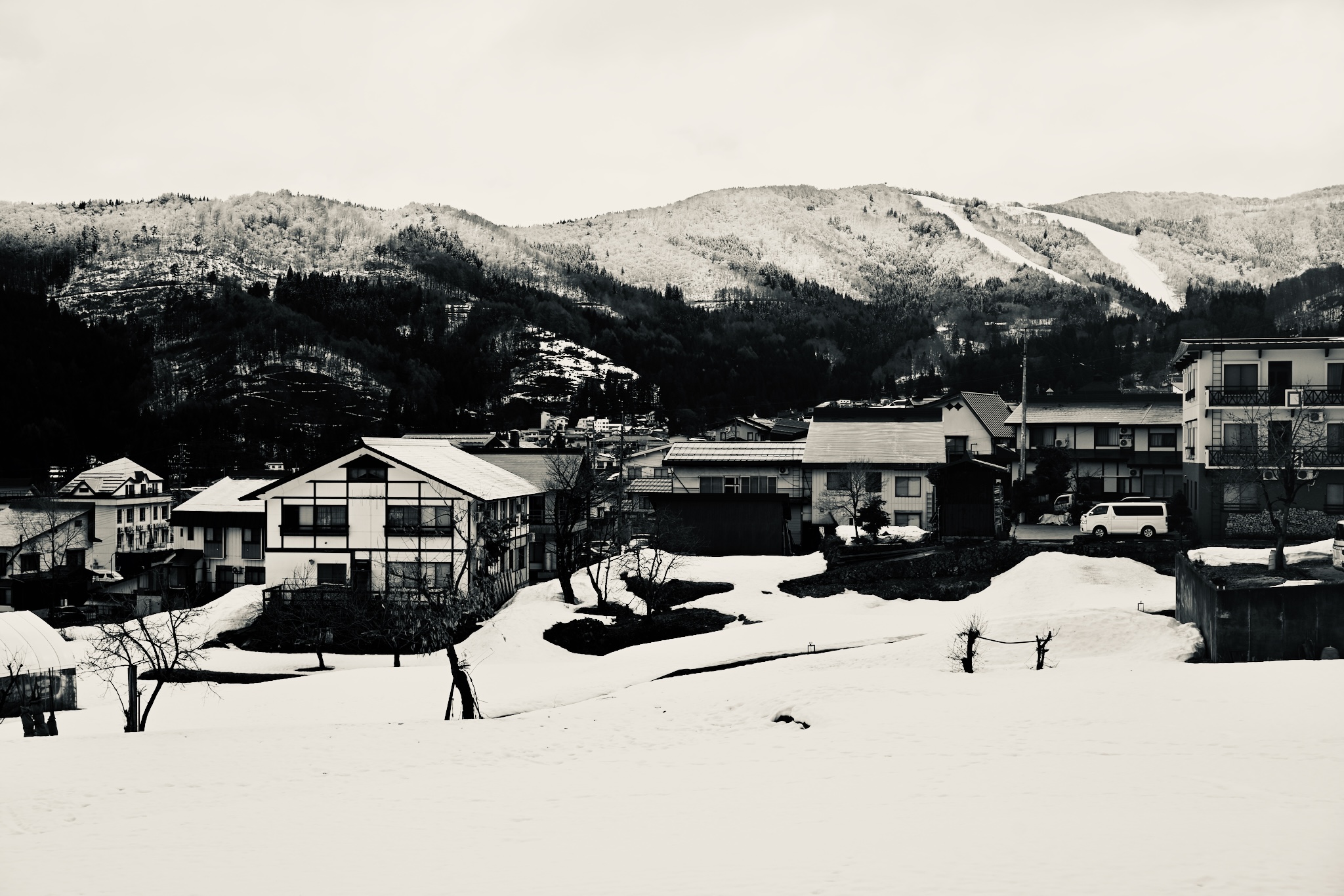 The houses of Nozawa Onsen below the snowy runs, black and white
