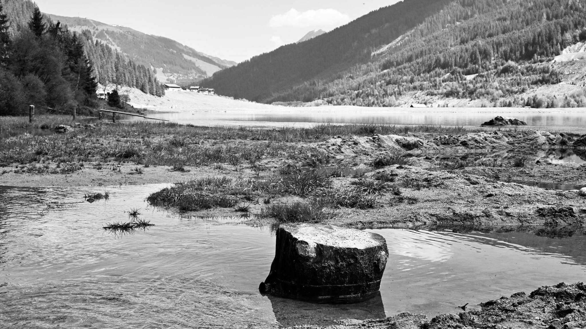 A low reservoir with a tree stump in the mud, black and white