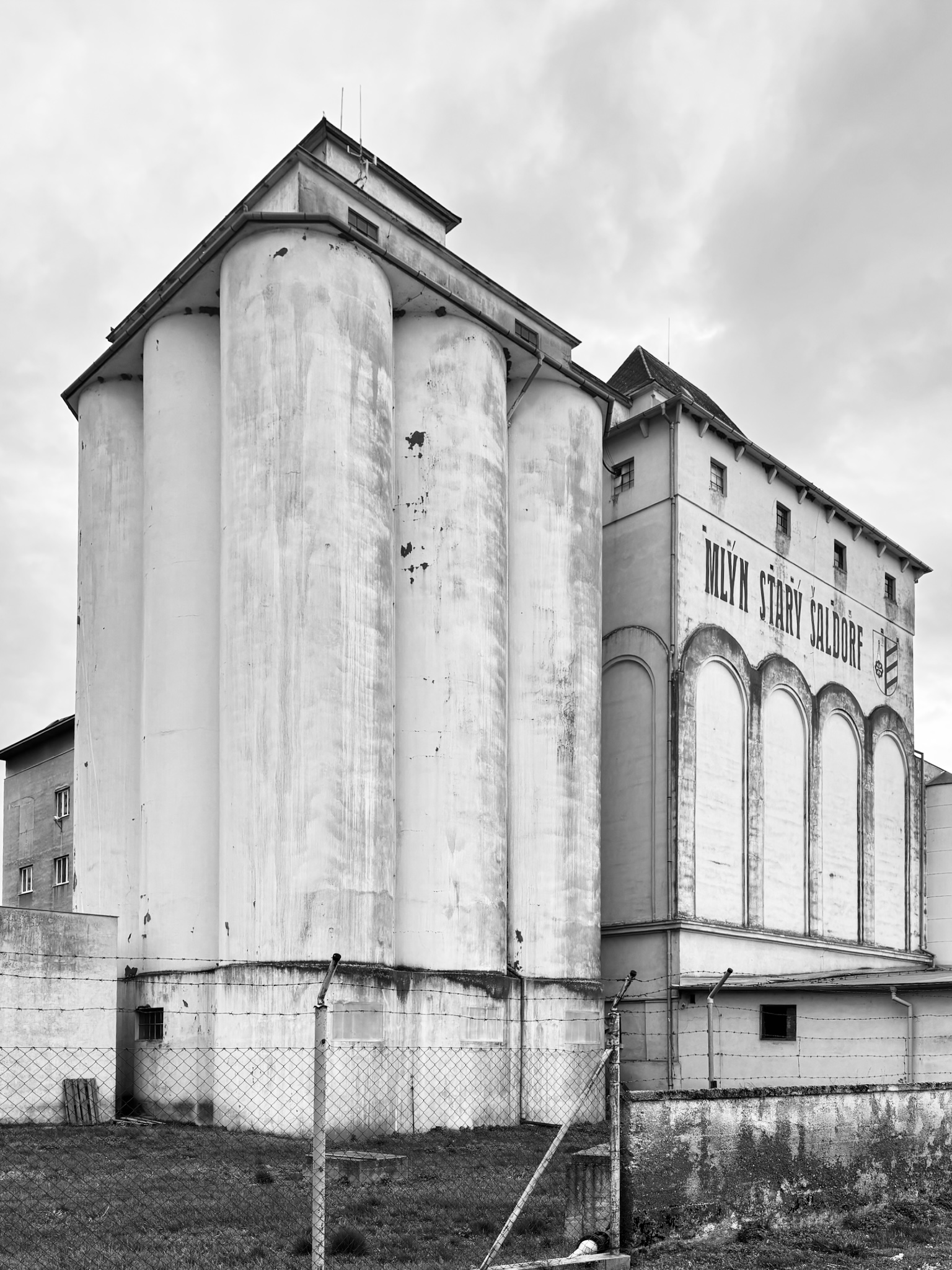 The old grain silos, black and white