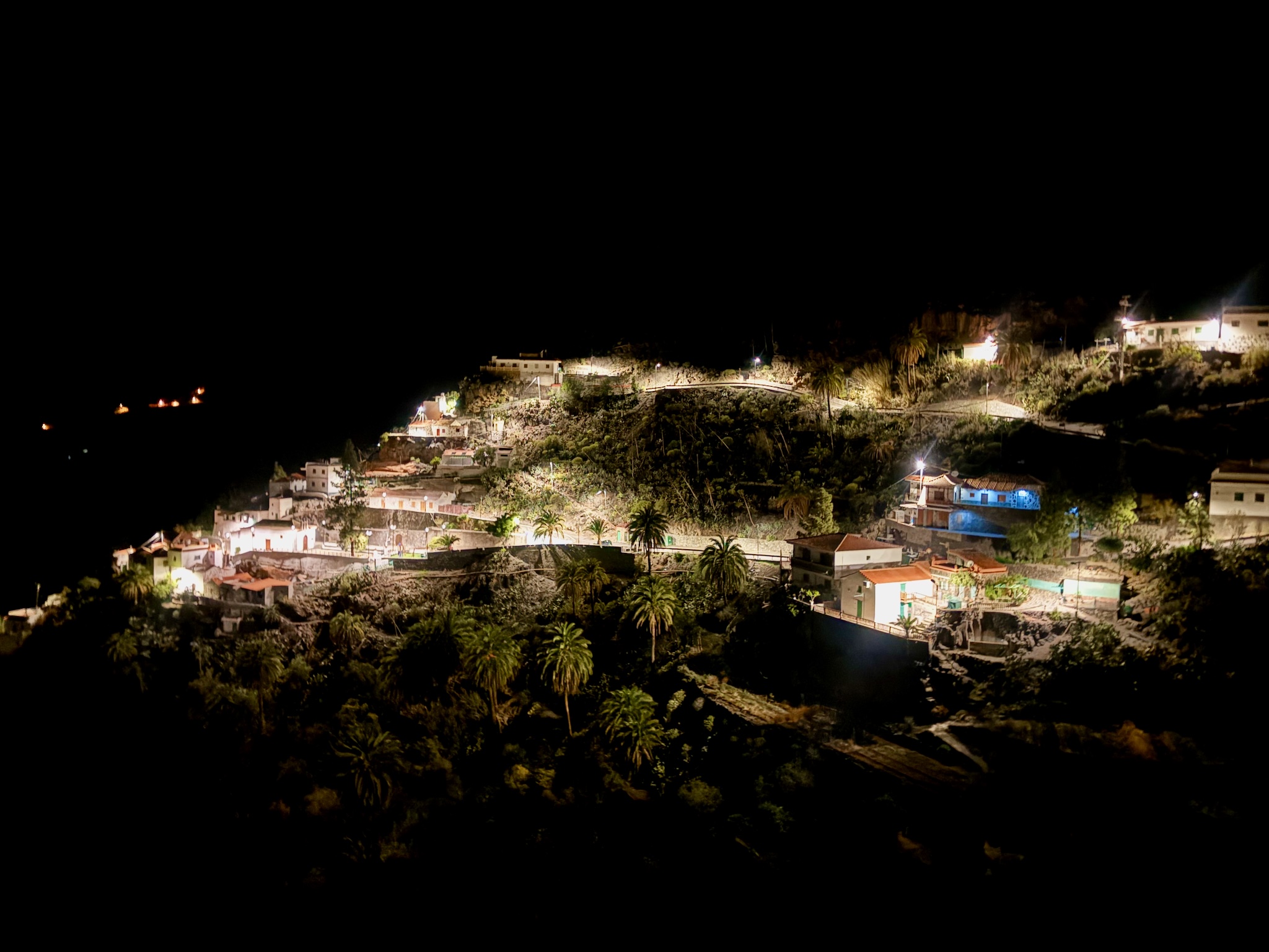 A hillside village lit up in the dark, palms below