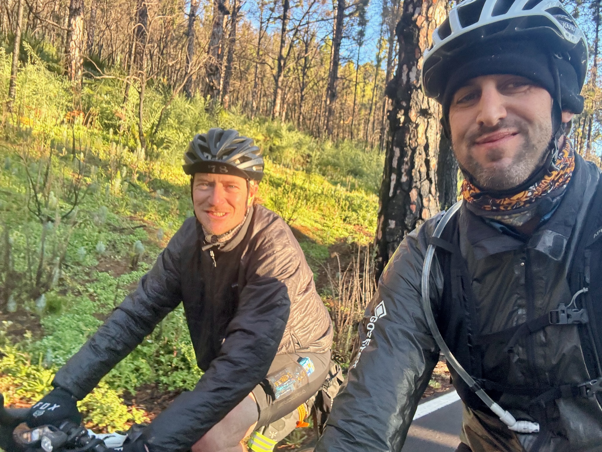 A selfie with John in a burnt, regrowing forest