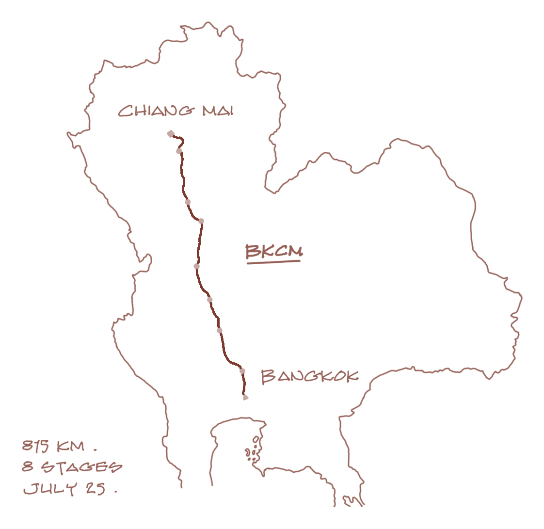 Hand-drawn map of the Bangkok to Chiang Mai route up central Thailand