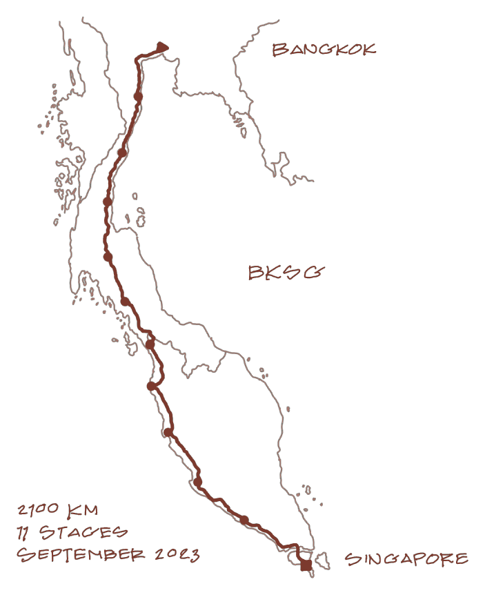 Hand-drawn map of the Bangkok to Singapore route down the Malay peninsula