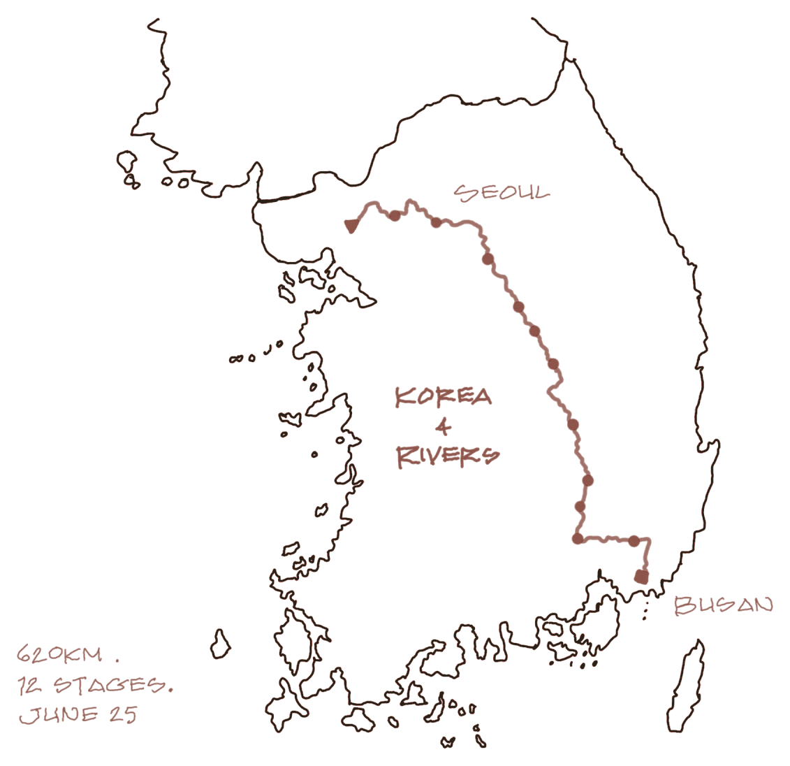 Hand-drawn map of the Korea 4 Rivers route from Seoul to Busan