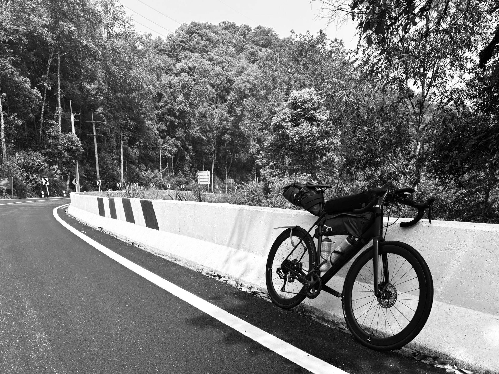 The bike leaned on a white crash barrier on a forested mountain road, in black and white